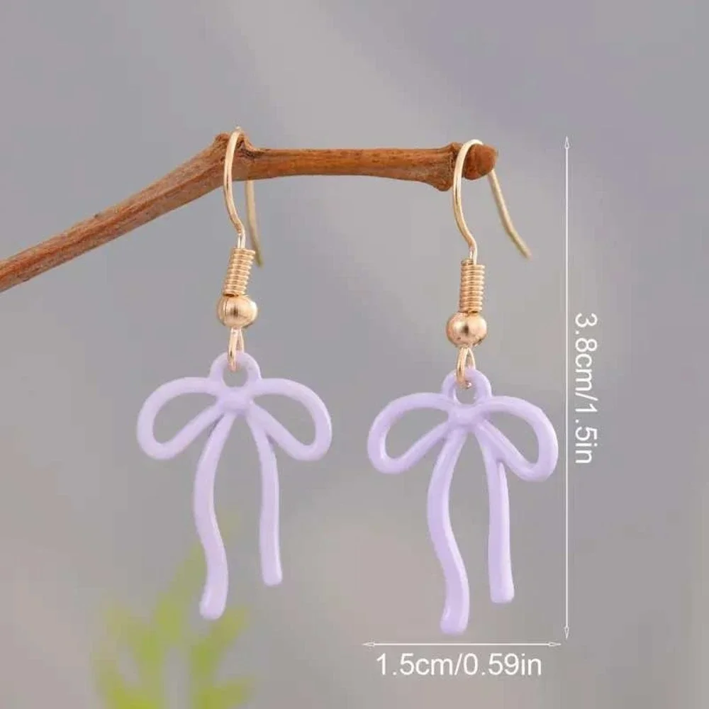 Bow Drop Dangle Earrings‎ Gold Tone Hooks Purple Enamel Fun Jewelry
